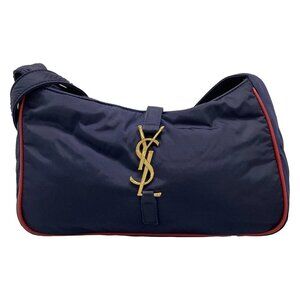 Auth SAINT LAURENT PARIS - 733294 Navy Red Nylon Leather Shoulder Bag